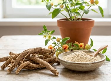 Raízes secas de ashwagandha e pó herbal orgânico em uma tigela sobre uma mesa de madeira.