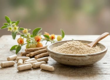 Pó de ashwagandha orgânico em uma tigela, com cápsulas de ervas e raízes sobre uma mesa de madeira.