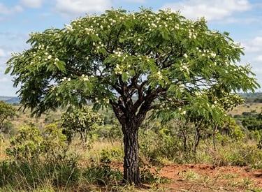 Um pé de angico florido com flores brancas em uma paisagem ensolarada de savana.