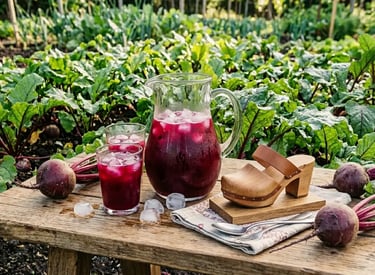 Suco de beterraba fresco em jarra e copos sobre mesa de madeira em jardim orgânico.