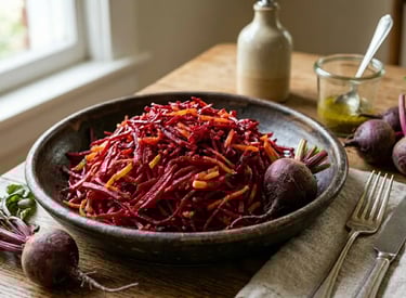 Salada de beterraba crua com cenoura ralada, receita saudável em tigela rústica