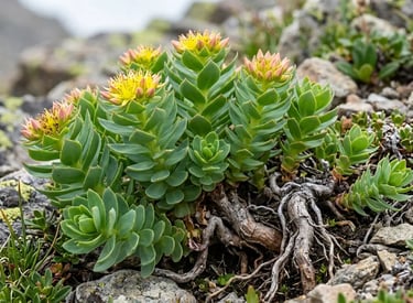 Flores amarelas de Rhodiola rosea desabrochando em uma encosta alpina rochosa, com folhas suculentas