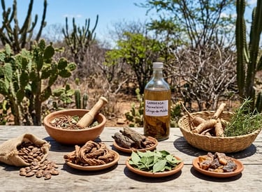 Garrafada tradicional da medicina natural brasileira com ervas do sertão e cactos.