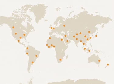 a map of a world map with orange dots