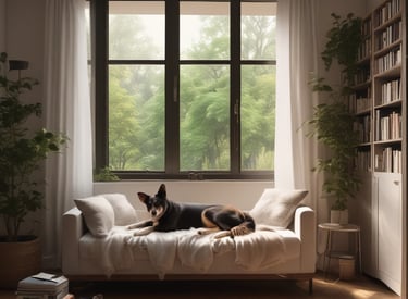 A person is grooming a dog inside a pet grooming studio. The room is dimly lit, with various grooming tools visible on a nearby table. A large window shows the outside, where parked cars can be seen. A cage is present, containing items related to pet care.