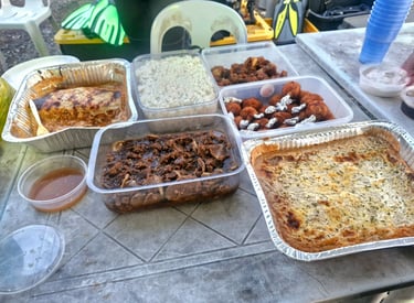 Lasagna, beef steak, chicken lollipop and rice for dive instructor Val birthday
