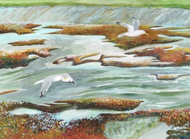 painting of gulls flying over river islands turquoise dark red yellows