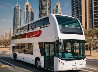 A modern urban scene featuring tall palm trees, skyscrapers, and the entrance to a shopping mall with the name 'Dubai Mall' prominently displayed. The architecture is sleek and contemporary, with flags lining the pathway to the entrance.