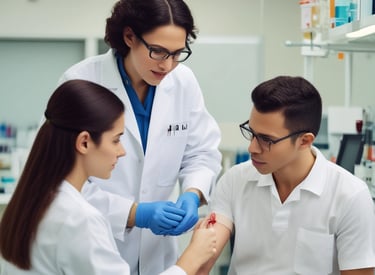 A high-tech laboratory environment featuring multiple digital screens displaying complex graphical data, including a large DNA helix. The room contains advanced laboratory equipment on a sleek table and a chair draped with a white lab coat. Soft lighting and a futuristic aesthetic contribute to the overall ambiance.