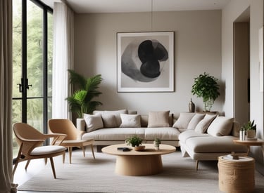 A cozy dining area with wooden furniture and plants, emphasizing sustainability and warmth.