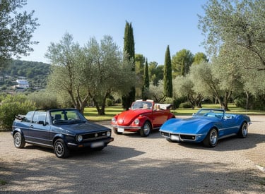 Chevrolet Corvette C3, Volkswagen Beetle y Golf MK1, coches clásicos descapotables perfectos para bodas.
