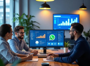 a group of people sitting at a table with a laptop and a computer monitor