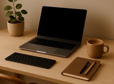 Minimalist desk setup with laptop, notebook, mug, and potted plant