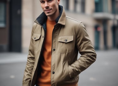 A stylish model wearing a trendy leather jacket in an urban setting.