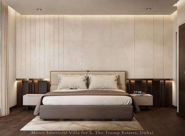 Elegant bedroom with upholstered bed, modern wall paneling, and integrated lighting.