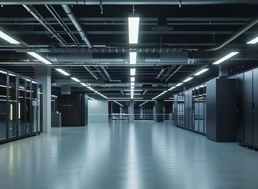 un largo pasillo con una gran cantidad de datos y equipos sobre bandejas de cables de malla de alamb