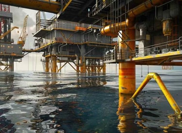 Una gran plataforma petrolera en el mar con una solución de gestión de cables.