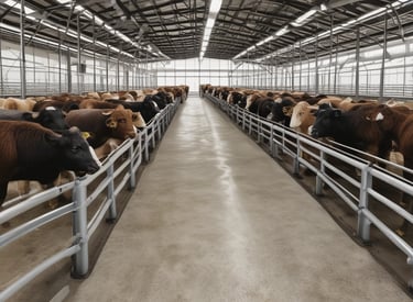 A pastoral scene showing cattle grazing peacefully on a green farm under a clear sky.