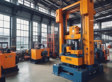 An industrial factory floor with heavy machinery and workers in safety gear.