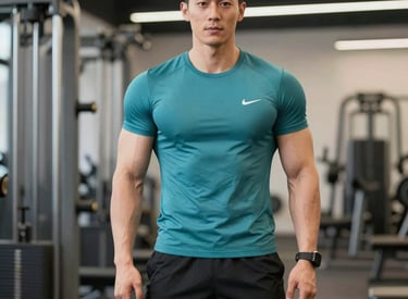 A confident male fitness influencer filming content in a bright, minimal studio.