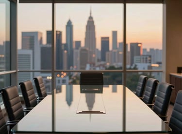 A high-end corporate boardroom in an Indian metropolitan city with a sleek glass table and dark navy chairs, overlooking a blurred city skyline at dusk with gold-toned ambient lighting.
