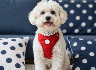 A vibrant selection of handmade pet clothes displayed with bright colors and patterns.