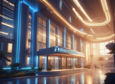 A modern real estate development with gold-accented architectural details.