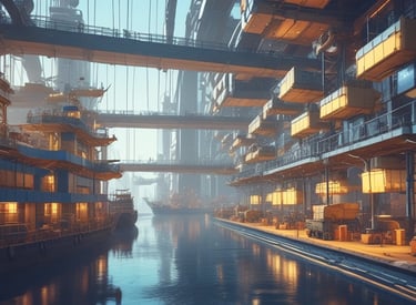 A bustling free zone with cargo ships and logistics centers under navy skies.