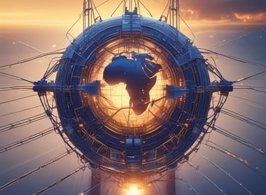 Solar panels and wind turbines set against a golden sunrise over farmland.