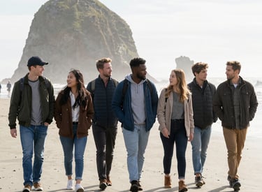 A family hiking a forest trail with mountains in the background under a clear blue sky.