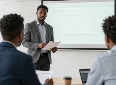 A cybersecurity expert leading an interactive training session with engaged employees.