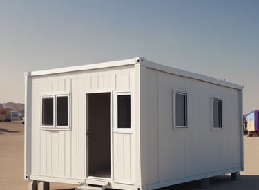 A fleet of trucks loaded with portable cabins ready to be delivered across the Gulf.