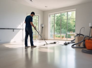 After-construction cleaning crew removing debris from a commercial site.
