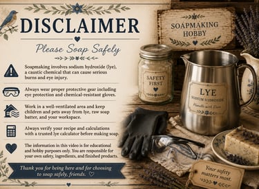 A rustic soapmaking safety infographic featuring sodium hydroxide lye safety tips, protective gear, and handcrafted soap.
