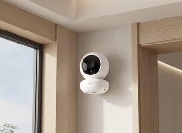 Installation of CCTV cameras on a small business exterior with blue sky background.