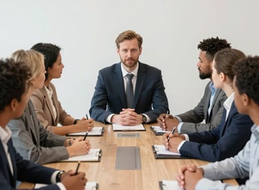 A coach guiding a small group in a bright, modern meeting room filled with collaboration.