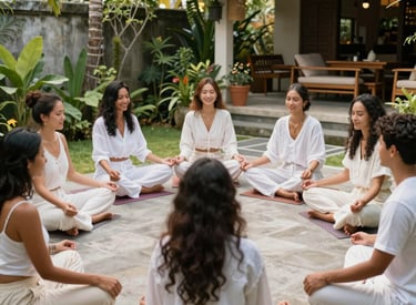 Golden sunset over a quiet Bali beach with a cozy dinner setup on the sand.