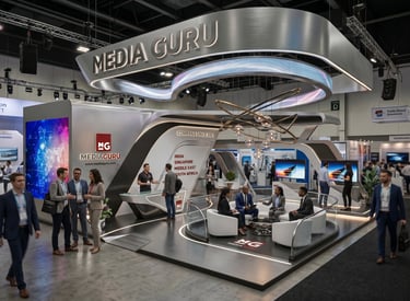 Bespoke Mediaguru exhibition booths. Professional construction by Morgan Expo.