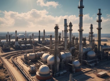 Engineers collaborating over blueprints in an industrial setting.