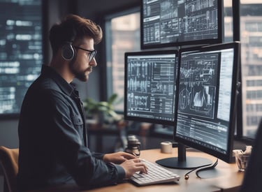 A focused developer working late, coding a sleek web application interface on multiple monitors.