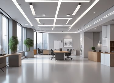 Office space undergoing a modern renovation with workers adjusting new partitions.