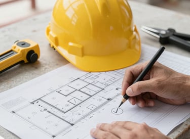 Architect reviewing detailed municipal blueprints on a construction site