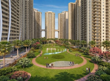 Luxury high-rise residential apartments overlooking a landscaped green park with walking paths and fountains.