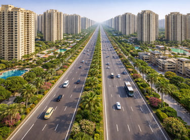 Aerial view of a multi-lane city highway lined with palm trees and high-rise residential apartment buildings.
