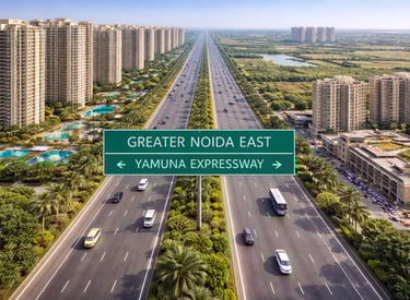Aerial view of Yamuna Expressway in Greater Noida East with modern high-rise apartments and traffic.