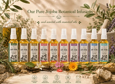 A row of Pure Jojoba botanical infusion skincare oils with essential oils and fresh herbal ingredients.