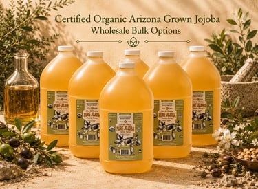Six large jugs of certified organic pure jojoba oil for wholesale bulk purchase in Arizona.