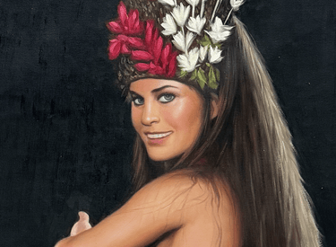 Oil painting of a smiling Tahitian hula dancer wearing a traditional red and white floral headdress.