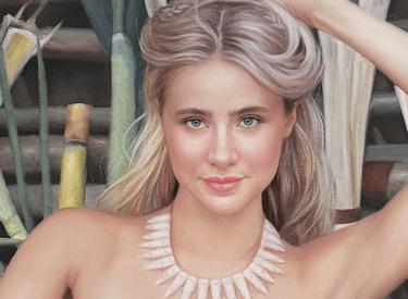 Oil painting of a blonde woman with blue eyes wearing a seashell necklace in a tropical setting.