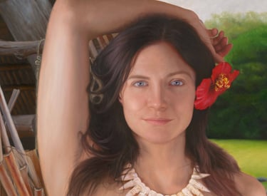 Oil painting of a woman with a red hibiscus flower and a carved shell necklace.